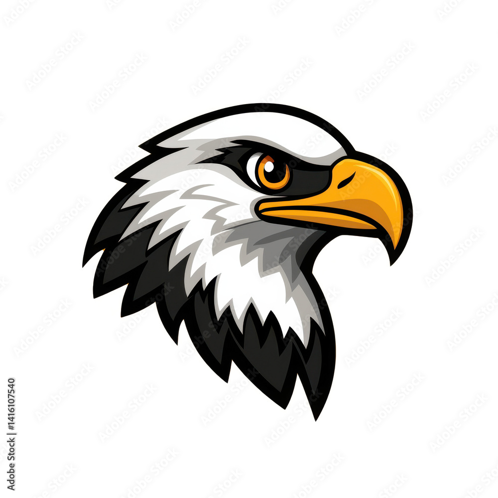Stylized illustration of an eagle's head in profile, facing right, with bold lines and limited color palette, transparent background Stylized illustration of an eagle's head in profile, facing right, with bold lines and limited color palette, transparent background