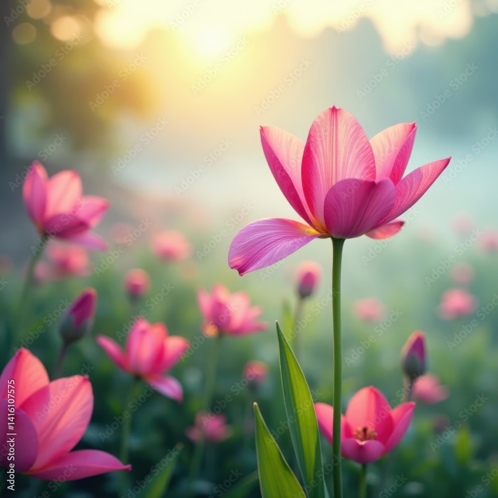 Fototapeta premium Soft watercolor petals unfurl on a misty morning landscape, serene, landscape