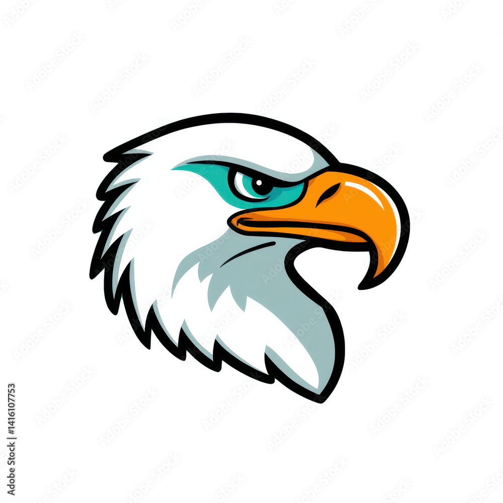Obraz premium Cartoon eagle head illustration with orange beak and turquoise eye, transparent background