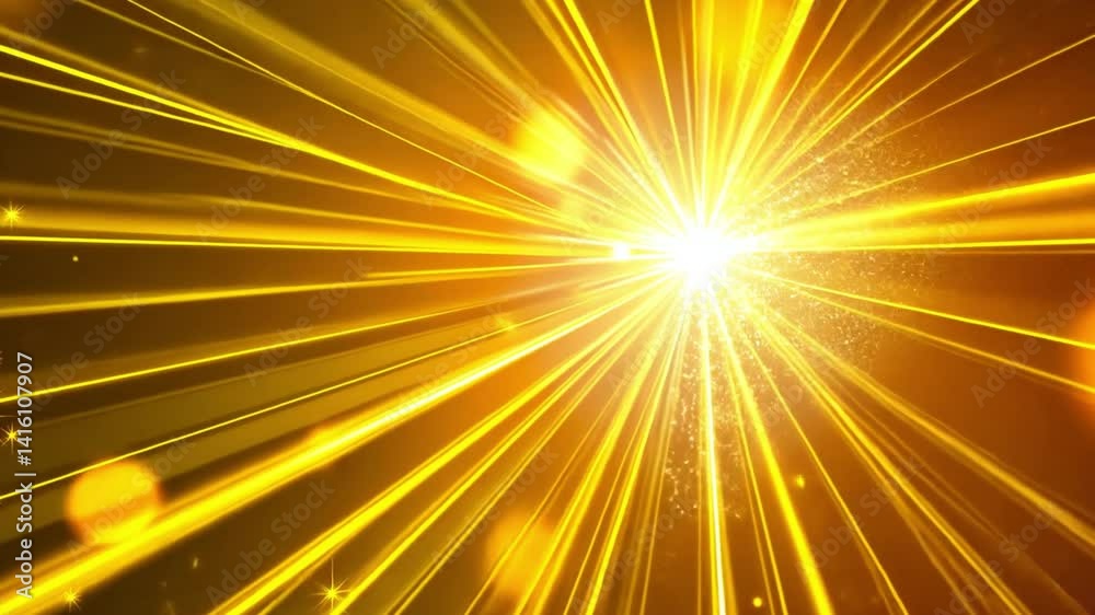 Bright golden rays of light create abstract background filled with sparkling energy, as vibrant bursts of glow radiate outward, evoking sense of warmth and celebration.