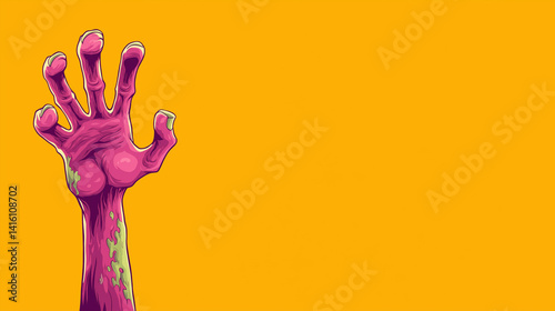 Zombie hand reaching out against a vibrant yellow background  
