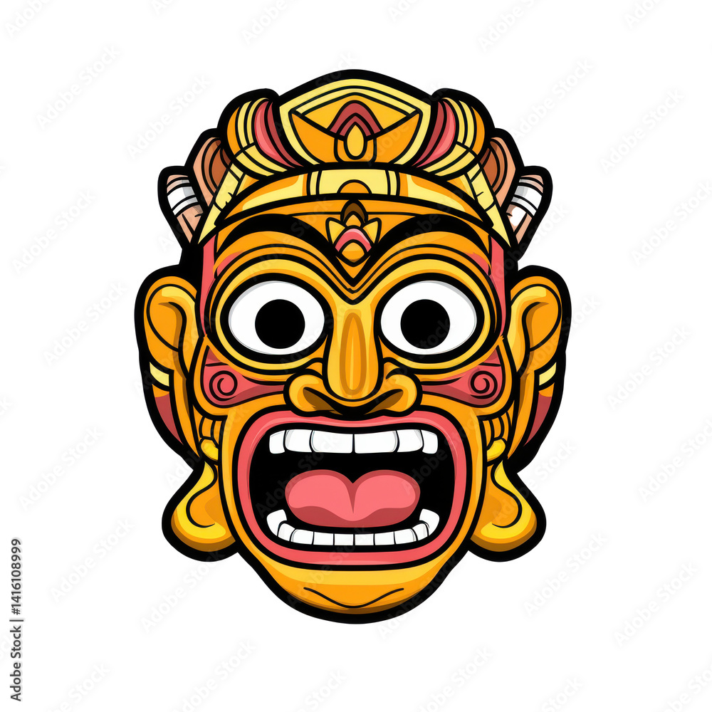 Vivid yellow mask with elaborate headdress and open mouth on transparent background Vivid yellow mask with elaborate headdress and open mouth on transparent background