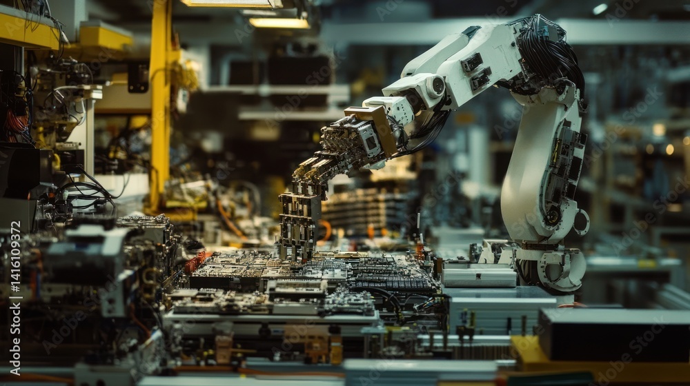 A mechanical arm assembling components inside a production facility A mechanical arm assembling components inside a production facility