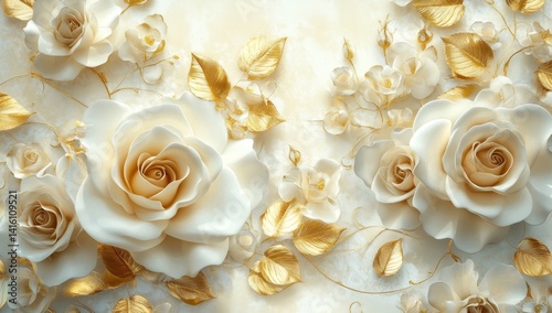 Elegant 3D white roses and gold leaves wall art.