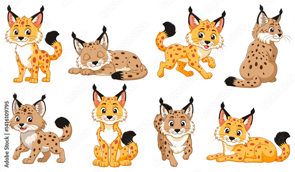 Fototapeta premium Eight cartoon lynxes with brown and orange spots suitable for childrens books, wildlife educational materials, or naturethemed designs.
