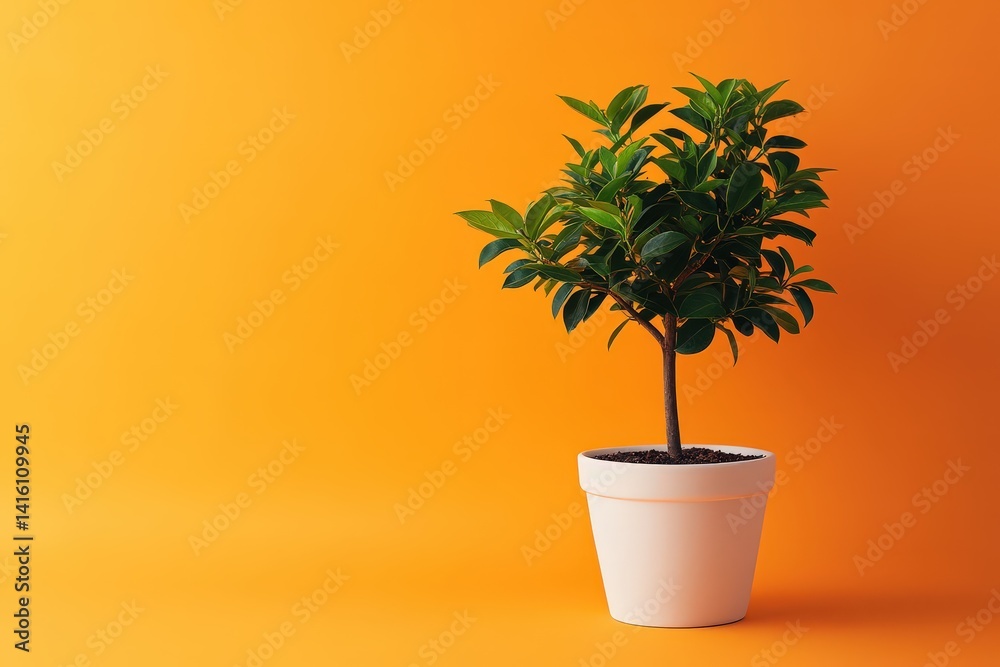 Fototapeta premium Vibrant potted plant against a bold orange backdrop.