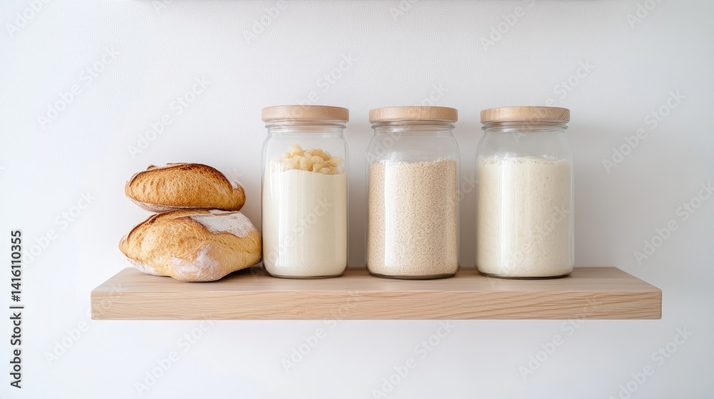 Simple pantry shelf with bread and pantry staples Simple pantry shelf with bread and pantry staples