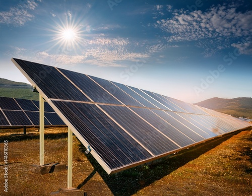 Solar panels park generating green energy electric.