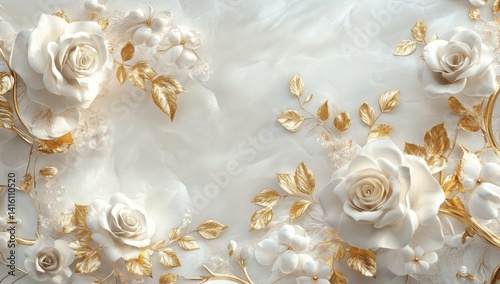 Elegant white roses and gold leaves on marble.