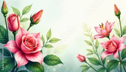 Wallpaper Mural Watercolor roses and lilies in a lush greenery, flower arrangement, watercolor flowers Torontodigital.ca