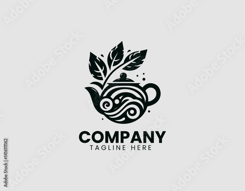 Tranquil Tea Time: A minimalist logo depicts an elegant teapot with organic design elements, celebrating the soothing ritual of tea in a visual metaphor.