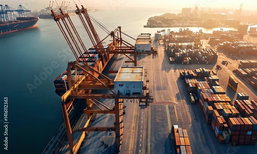 Aerial view of a bustling port with cranes, ships, and container stacks in golden sunlight, showing busy trade activity