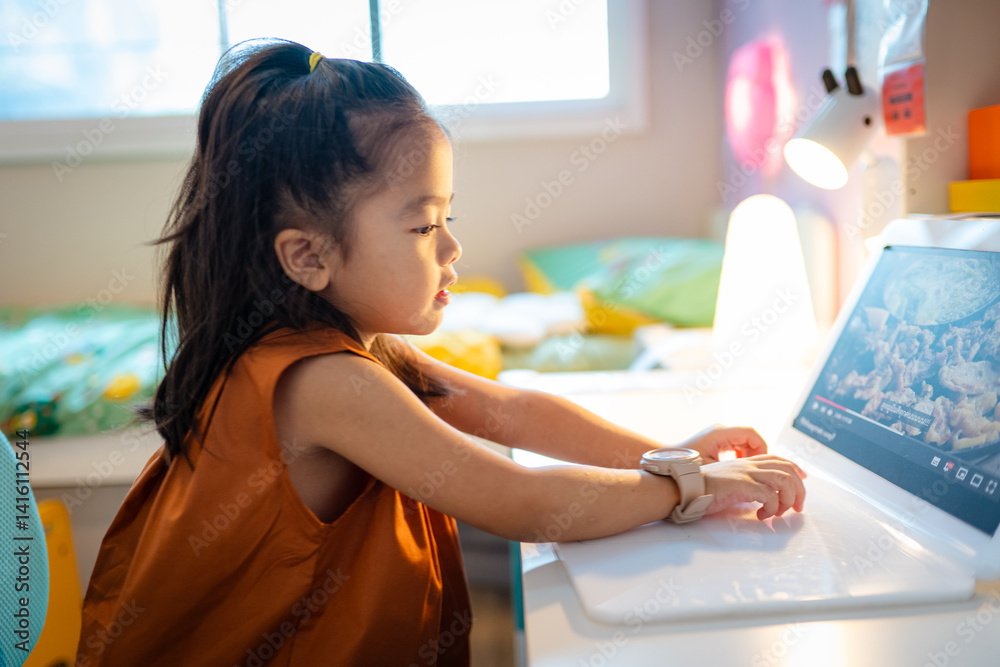 Adorable kids girl enjoy toy in kid room cozy house