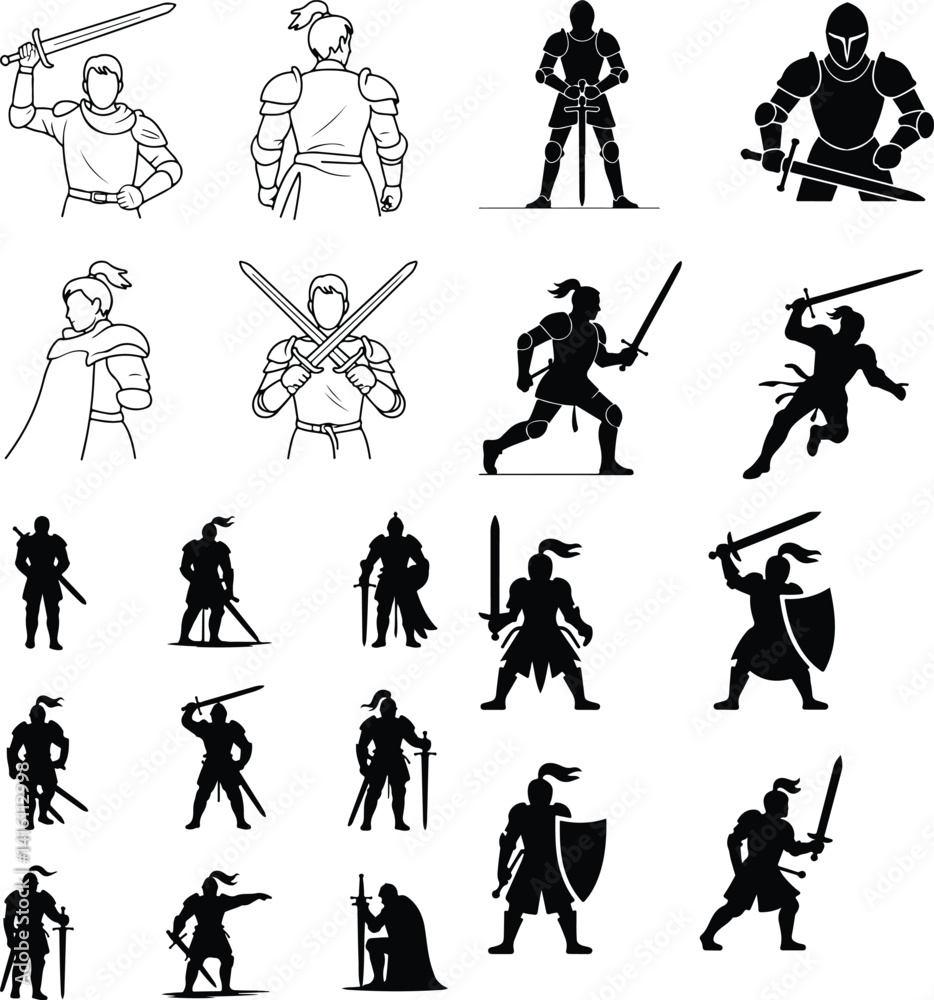 Obraz premium Male Knight with Sword Silhouette | Warrior Vector Set Knight in Armor Silhouette Pack | Medieval Sword Fighter