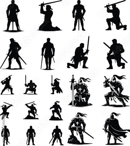Male Knight with Sword Silhouette | Warrior Vector Set Knight in Armor Silhouette Pack | Medieval Sword Fighter