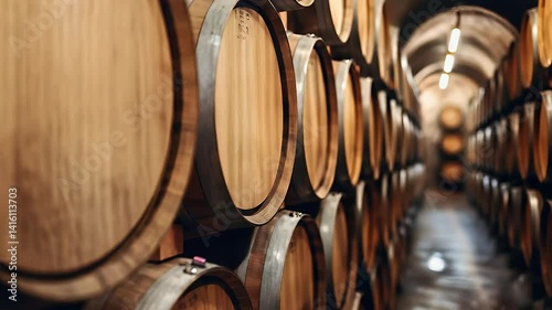 Rows of wooden barrels fill a tunnel-like room, aging a vintage beverage in a cellar, under soft lighting
