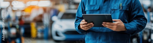 Automotive service advisor with tablet in hands, in car repair shop