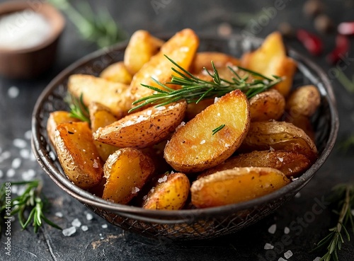 A photograph of a metal basket filled with fried potatoes on a wooden table. On top, there are sprigs of rosemary and a sprinkle of salt. The background color should be a dark gray to create a contras