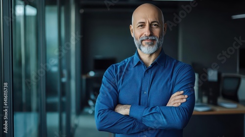 Balding man with gray beard and mustache wearing blue shirt standing in office with arms crossed looking directly at camera