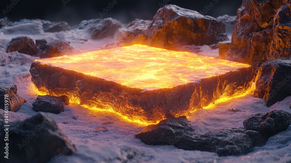 Fototapeta premium Glowing Lava Slab in Frozen Landscape: A Surreal Volcanic Scene