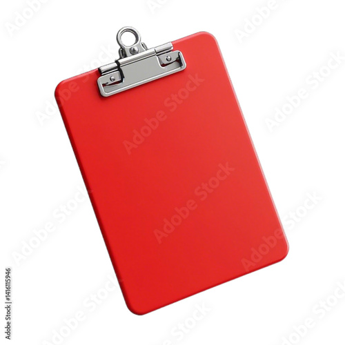 A red clipboard with a metal clip on a white or transparent background.
