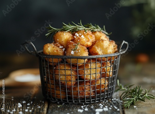 A photograph of a metal basket filled with fried potatoes on a wooden table. On top, there are sprigs of rosemary and a sprinkle of salt. The background color should be a dark gray to create a contras