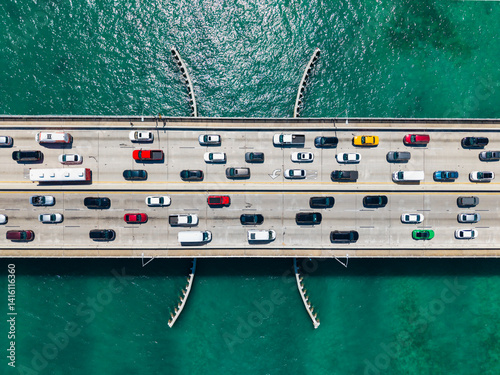 Top aerial view of the causeway. Key Biscayne bridge. Draw bridge with cars passing. Broad Causeway Bridge spans Biscayne Bay. Connecting town of Bay Harbor Islands to mainland Miami photo