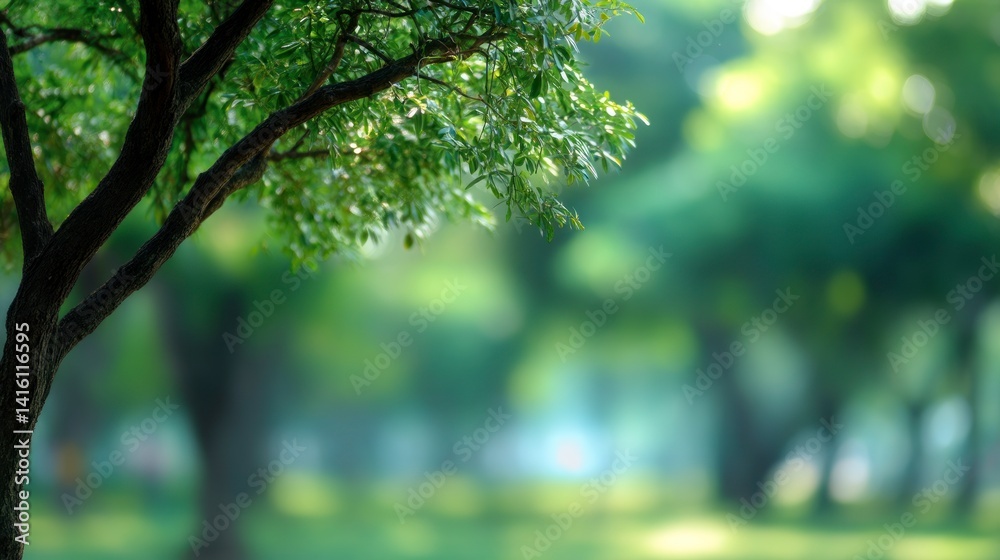 Sunlight Shining Through Green Tree Branches in a Tranquil Park