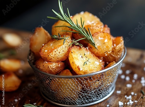 A photograph of a metal basket filled with fried potatoes on a wooden table. On top, there are sprigs of rosemary and a sprinkle of salt. The background color should be a dark gray to create a contras