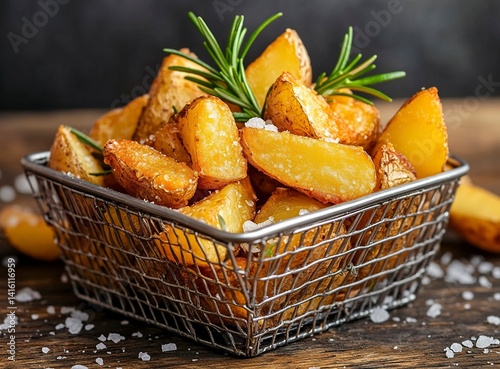 A photograph of a metal basket filled with fried potatoes on a wooden table. On top, there are sprigs of rosemary and a sprinkle of salt. The background color should be a dark gray to create a contras
