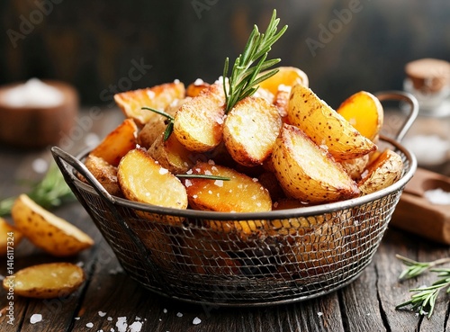 A photograph of a metal basket filled with fried potatoes on a wooden table. On top, there are sprigs of rosemary and a sprinkle of salt. The background color should be a dark gray to create a contras