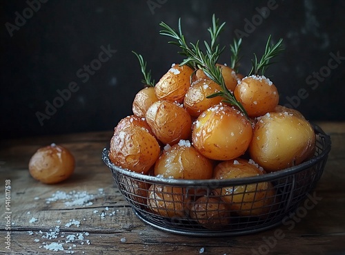 A photograph of a metal basket filled with fried potatoes on a wooden table. On top, there are sprigs of rosemary and a sprinkle of salt. The background color should be a dark gray to create a contras