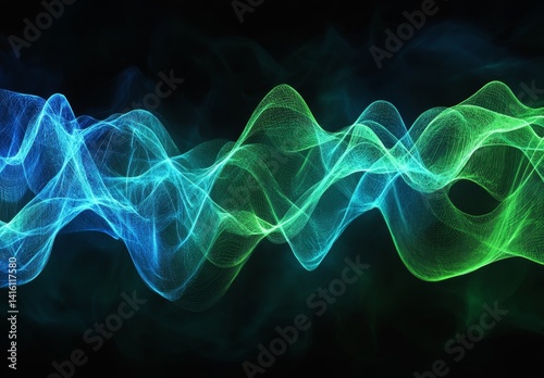 Abstract glowing teal and green wave pattern on black background.