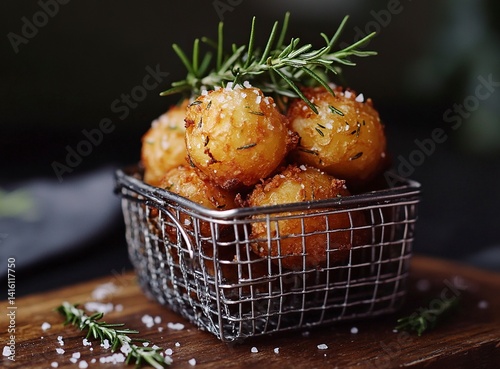 A photograph of a metal basket filled with fried potatoes on a wooden table. On top, there are sprigs of rosemary and a sprinkle of salt. The background color should be a dark gray to create a contras