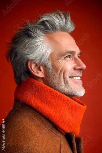 A cheerful and glowing gentleman with a relaxed demeanor. Classy men's quiff haircut - midlife white man with grey hair. Red solid background. Concept art of style for aging men.