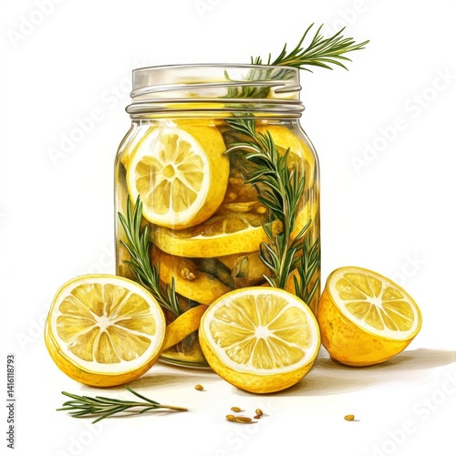 Citrus and herb preserve in glass jar.  Vibrant yellow lemons layered with fresh rosemary sprigs