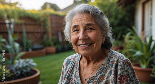 elderly latin Hispanic woman portrait backyard garden landscape happy concept background with copy space