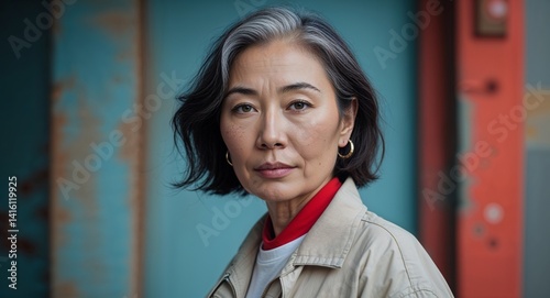 middle age Asian woman portrait trendy streetwear photoshoot urban fashion ad concept background with copy space