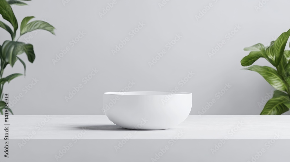 Empty white bowl on a white surface, surrounded by greenery. A minimalist, modern presentation Empty white bowl on a white surface, surrounded by greenery. A minimalist, modern presentation