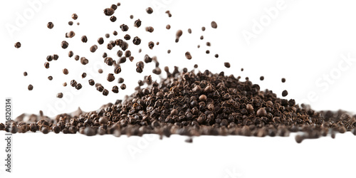 Black Ground Pepper Scattered and Flying Spice Isolated on White Background


