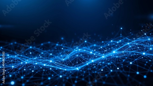Futuristic point wave. Minimalist technology background with transparent glowing lines and digital nodes, deep blue tones with gradient light effects, suitable for corporate use