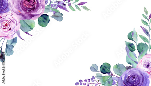 Fototapeta Naklejka Na Ścianę i Meble -  Floral corner border Violet, lilac, purple watercolor flowers Roses, peonies, eucalyptus leaves for elegant wedding invitation, greeting cards, fashion design Hand painted illustration 