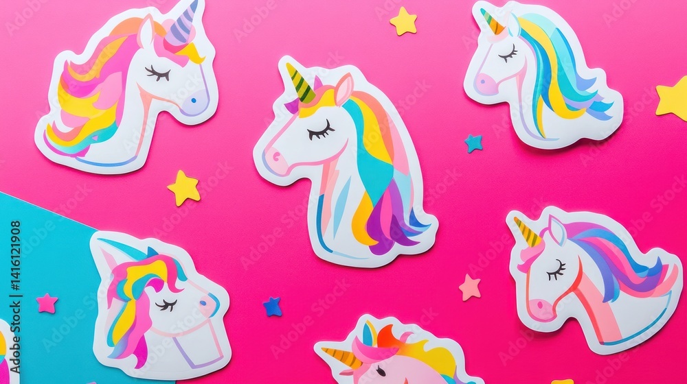 Naklejka premium Rainbow Unicorns on Pink Background: Magical and Whimsical