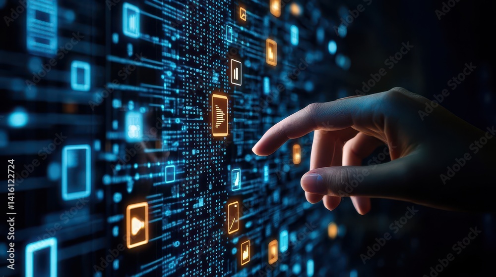 Binary data processing for big data analysis in database Abstract image of digital data technology Hand touching many file icons and numbers