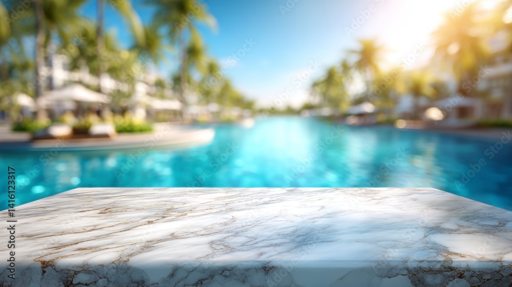 Displaying Product on Marble Countertop with Tropical Resort Pool Backdrop Displaying Product on Marble Countertop with Tropical Resort Pool Backdrop