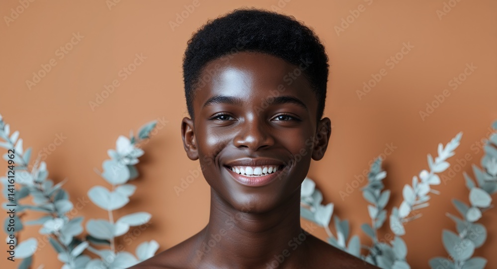 20s black African boy portrait skin care model happy ad marketing concept background with copy space