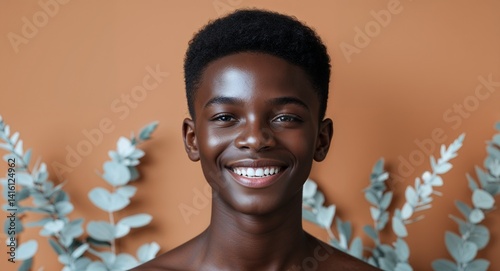 Obraz na płótnie 20s black African boy portrait skin care model happy ad marketing concept background with copy space w salonie