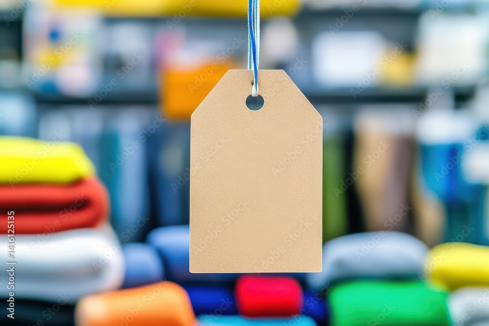 Blank price tag hanging in a stylish clothing store with blurred background, perfect for showcasing retail and sale concepts