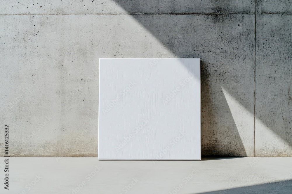 Blank square canvas art mockup leaning on concrete wall with sunlight shadow Minimalist interior design, empty frame template for artwork, photo, print, poster presentation