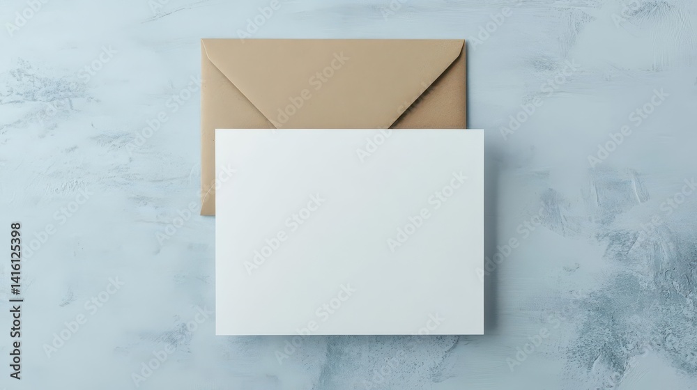Blank white card with a kraft brown paper envelope template for mockup design